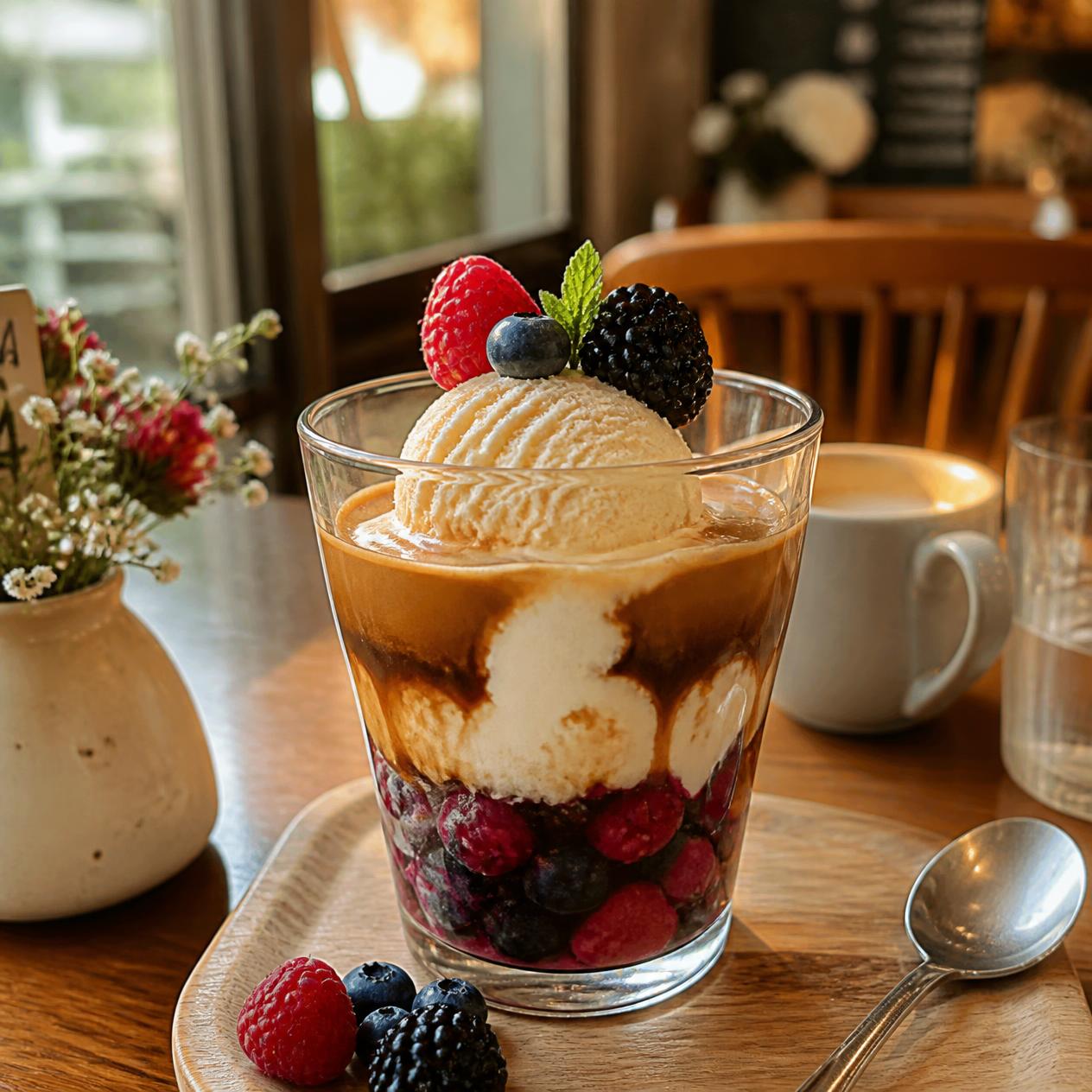 Un café affogato con frutas del bosque